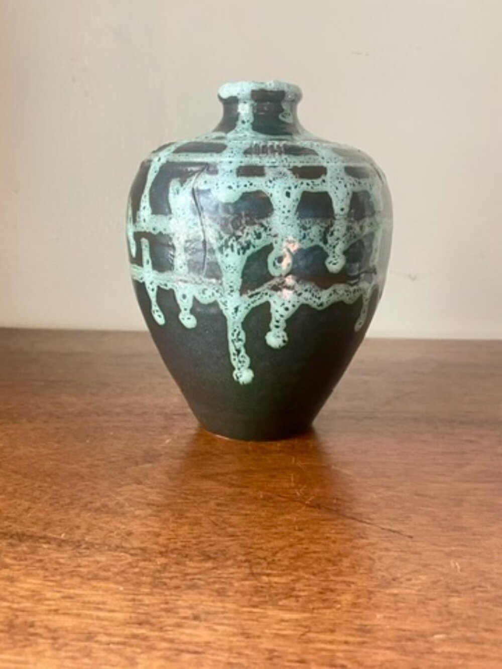 MCM European Vase VTG Dark Matte Base w/Textured Turquoise Drip Glaze